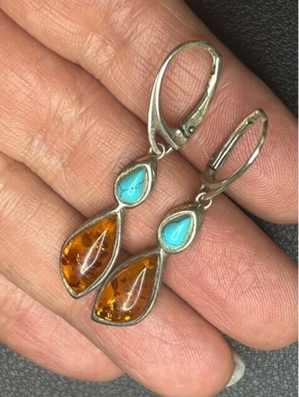 B7431 Sterling Silver Amber Turquoise Dangle Leverback Earrings Approx 1.75"